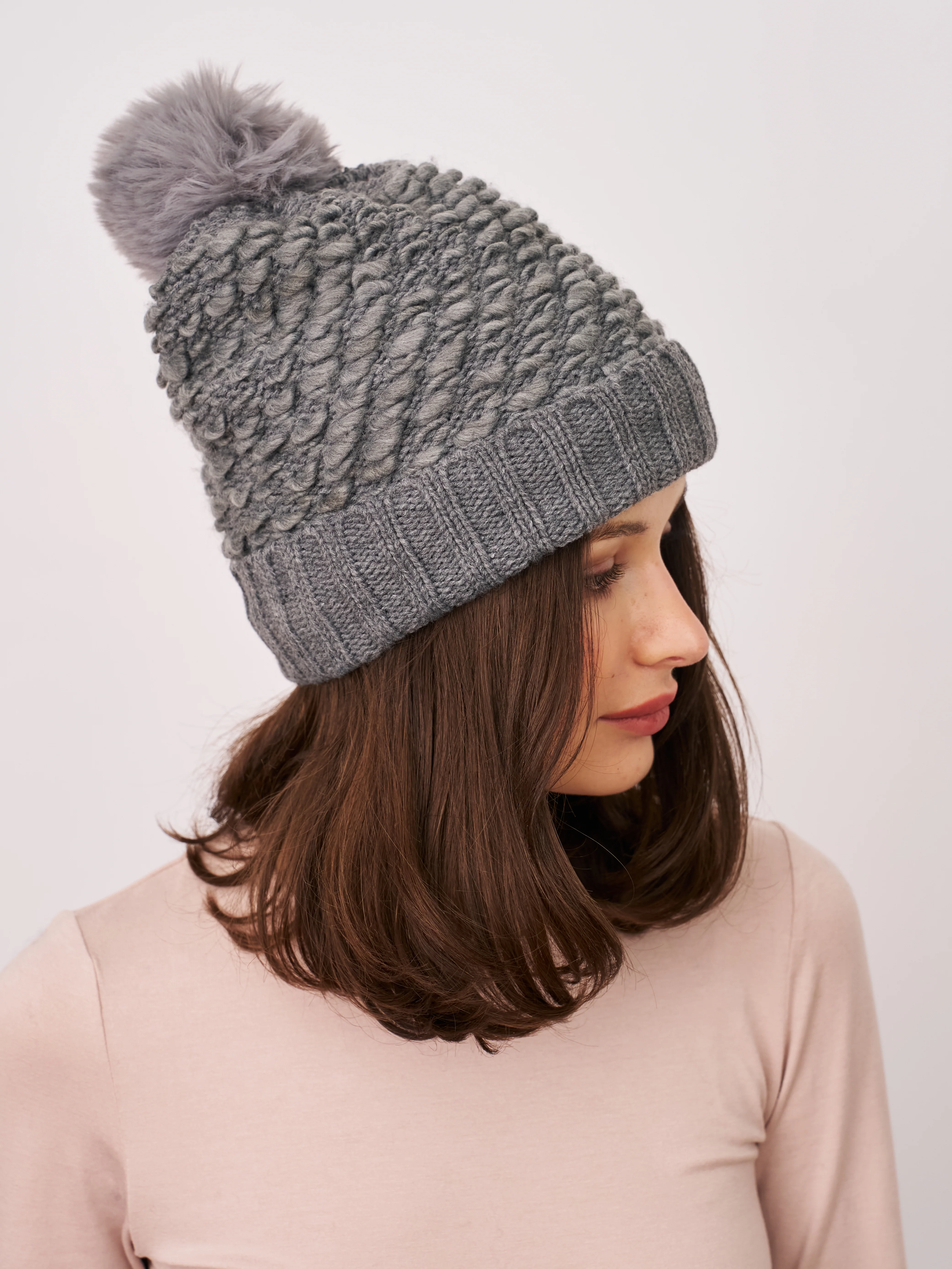 TURN UP POMPOM HAT - GREY - Image 2