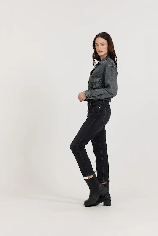Washed Black Cropped Pocket Detail Shirt - Image 3