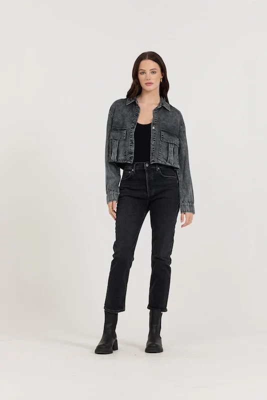 Washed Black Cropped Pocket Detail Shirt - Image 4