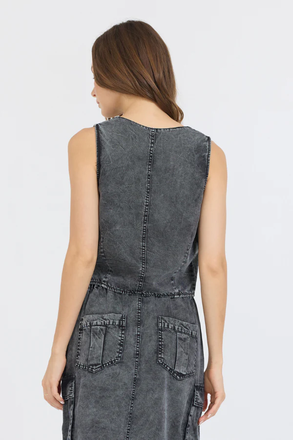 Washed Black Twill Button Front Vest Top - Image 2