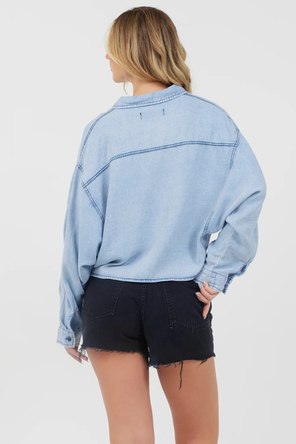 Washed Denim Tencel Cropped Button Up - Image 4