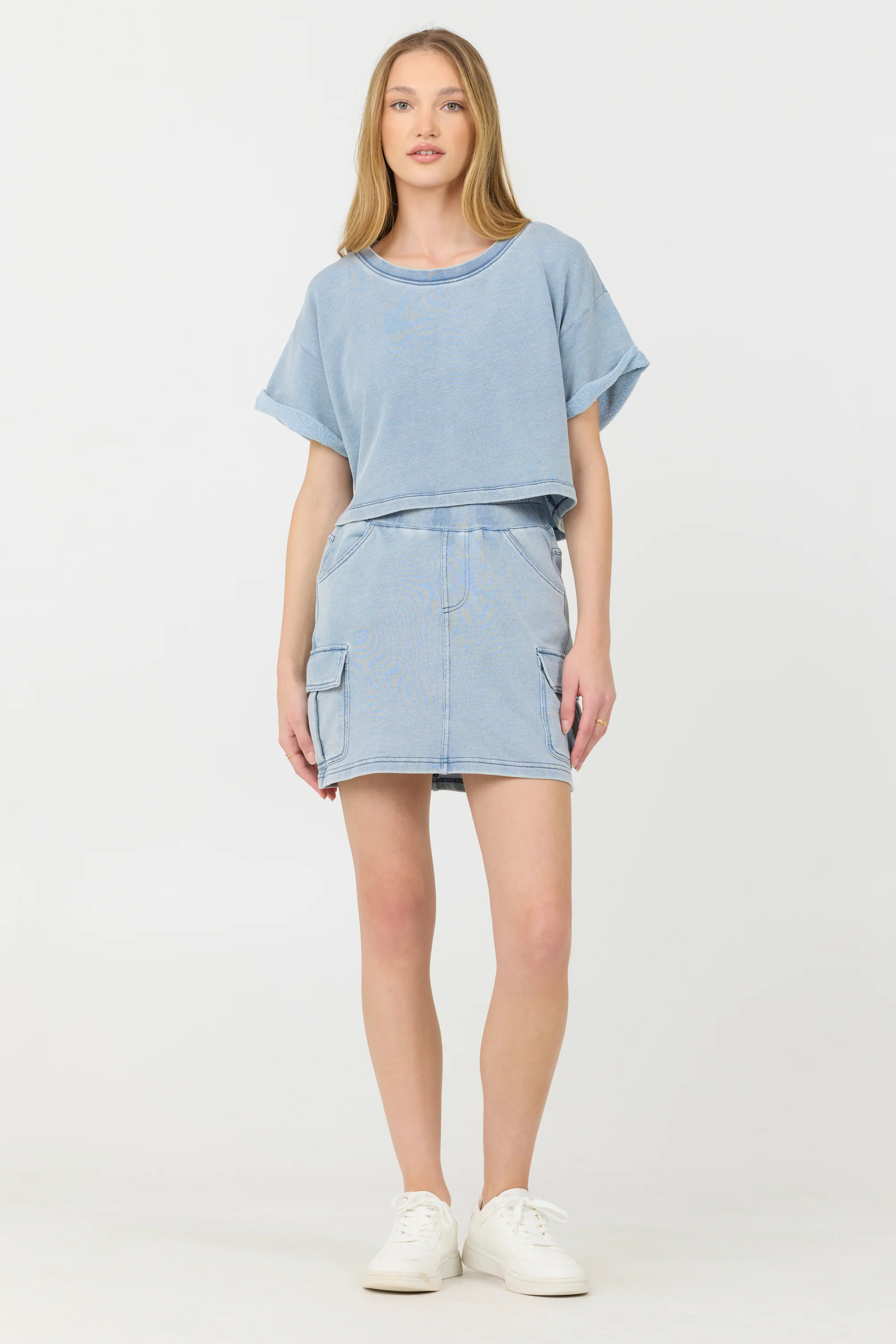Washed Denim Terry Fleece Cargo Skirt - Image 3
