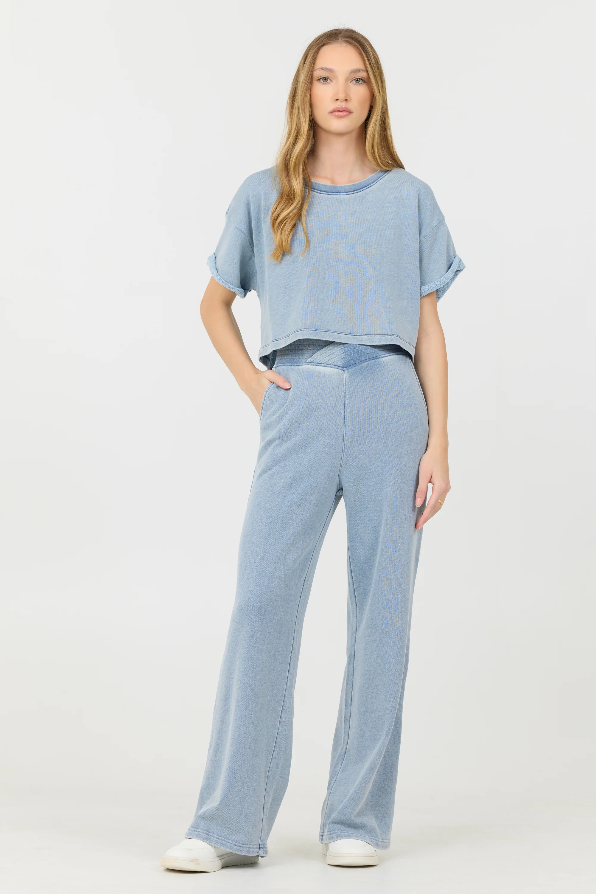 Washed Denim Terry Fleece Cropped Shirt - Image 3
