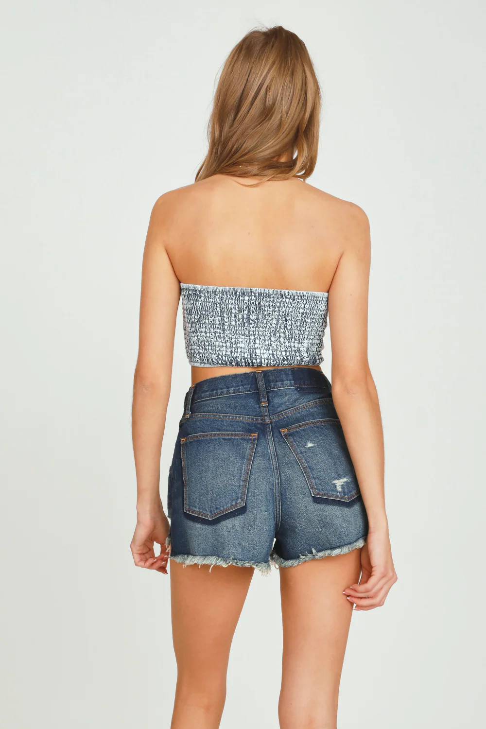 Washed Denim Tie Front Bandeau Top - Image 2