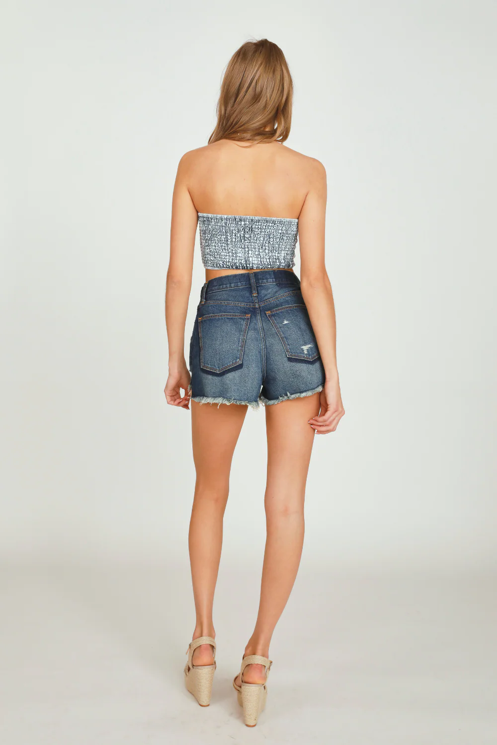 Washed Denim Tie Front Bandeau Top - Image 4