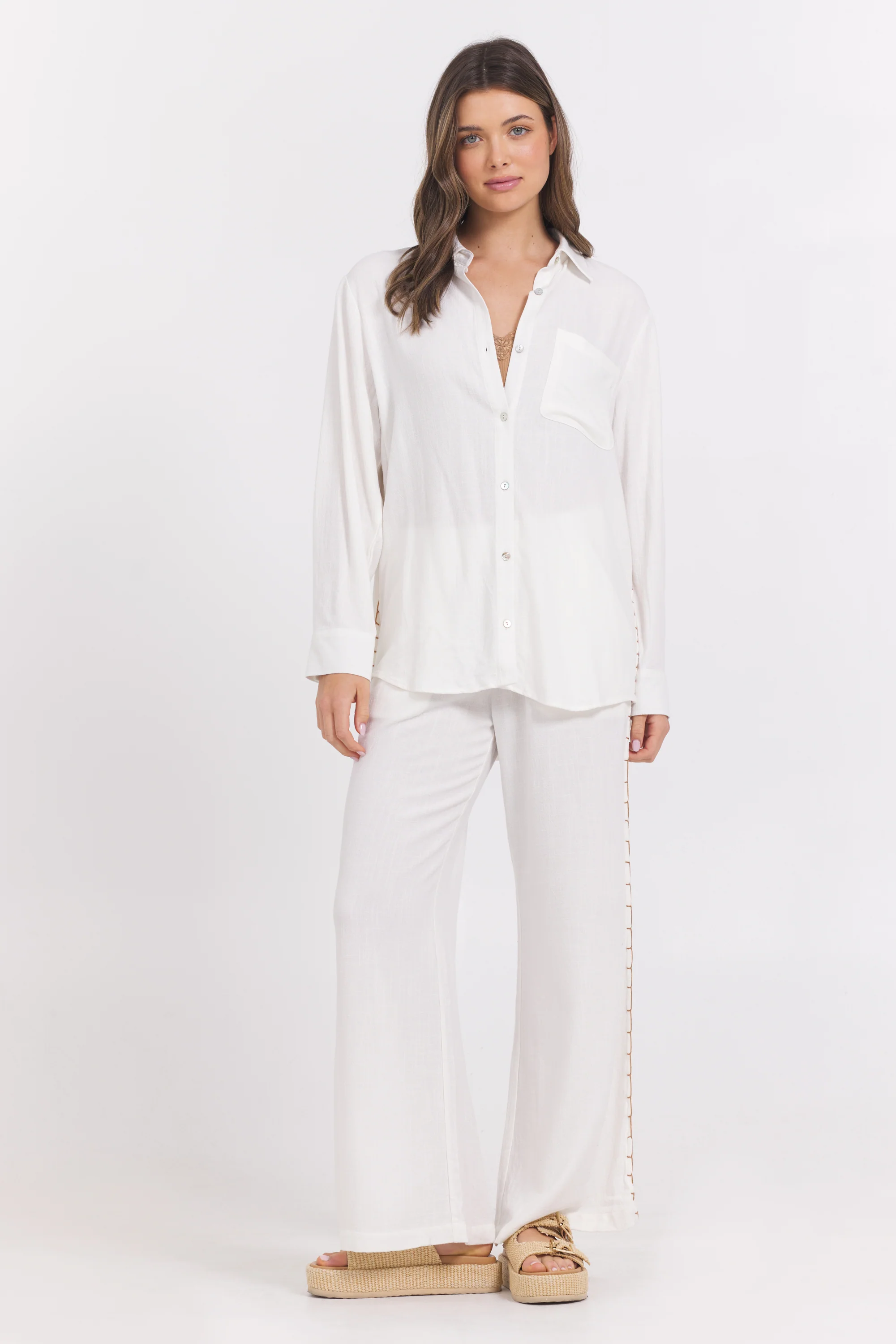 Washed Linen Wide Leg Pants w/ Whip Stitch - Image 4