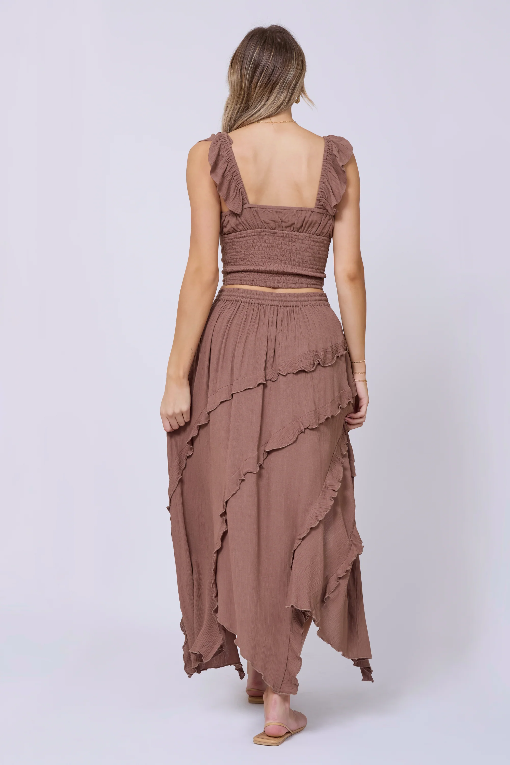Washed Mocha Rayon Crinkle Flutter Sleeve Top - Image 5