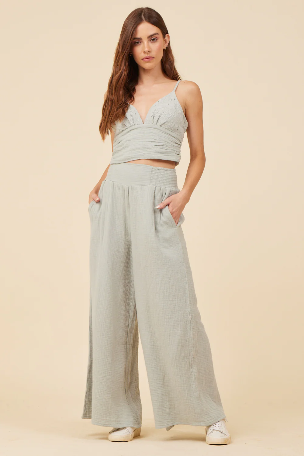 Washed Sage Gauze Eyelet Embroidered Cropped Tank - Image 3