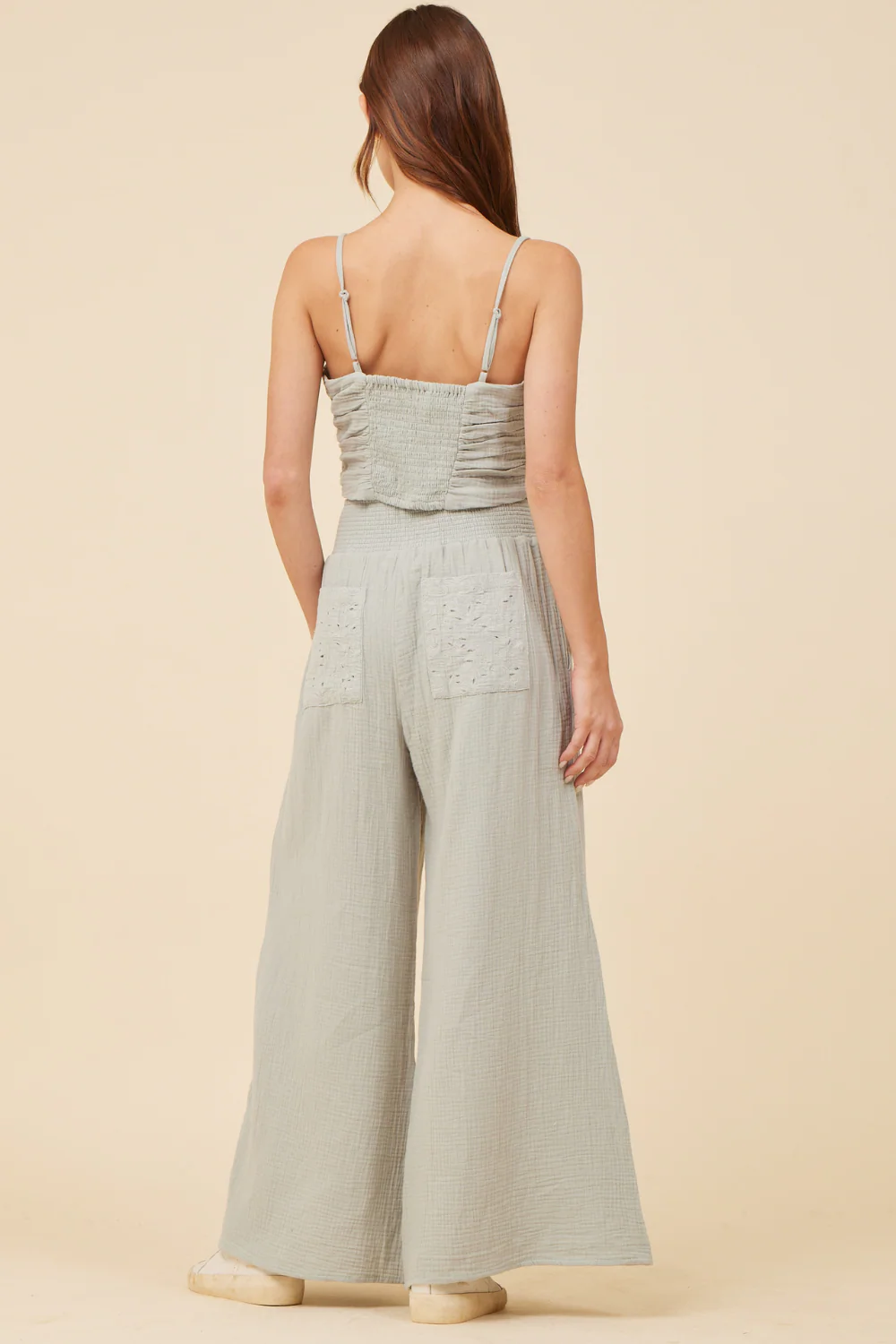 Washed Sage Gauze Eyelet Embroidered Cropped Tank - Image 4