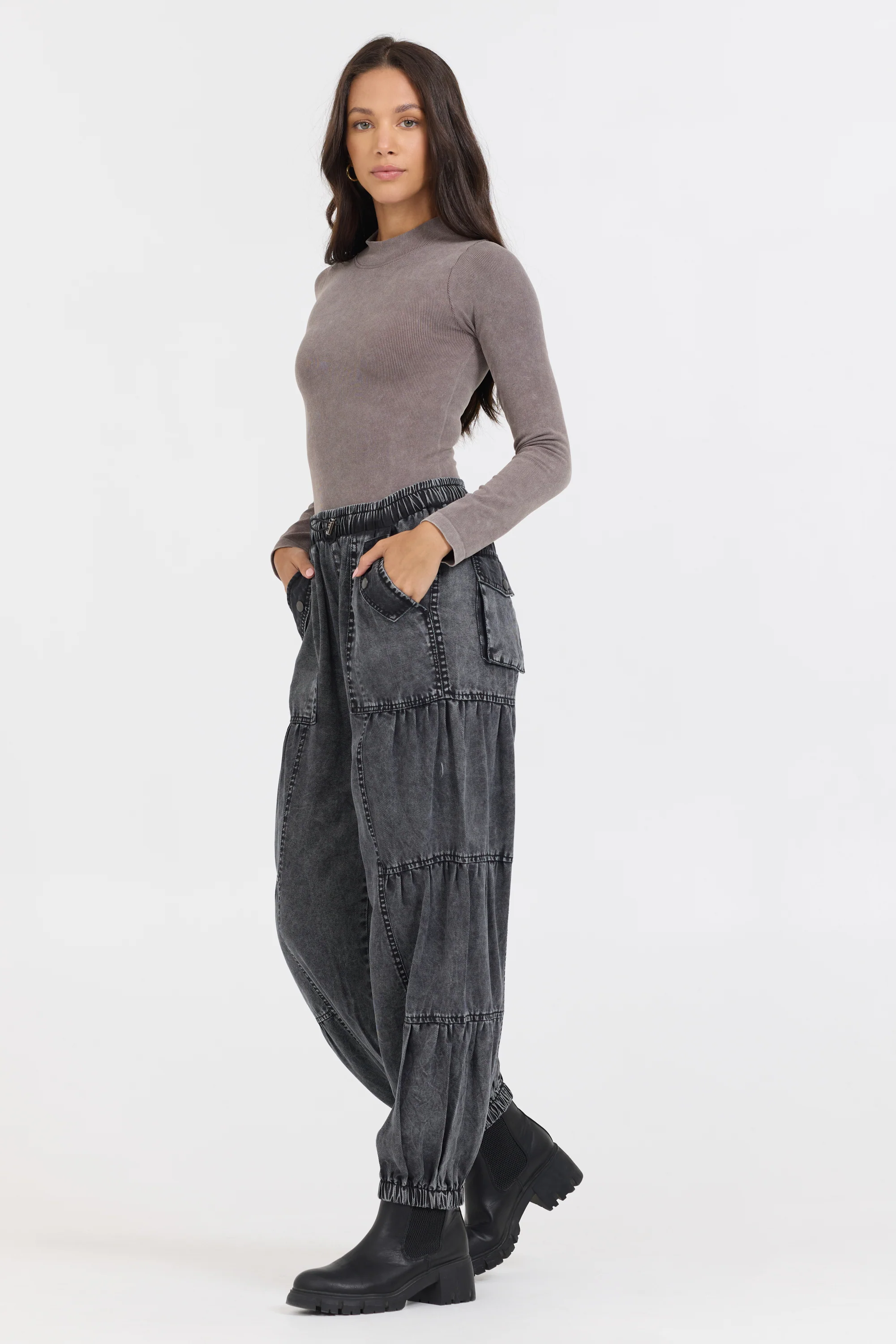 Washed Taupe Seamless Mock Neck Top - Image 4